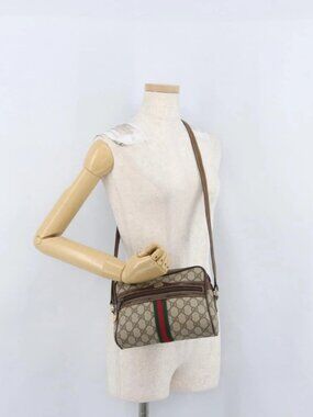 GUCCI GG Supreme Web Sherry Line Bag PVC Beige Gold 001 3654 5 Auth 172680